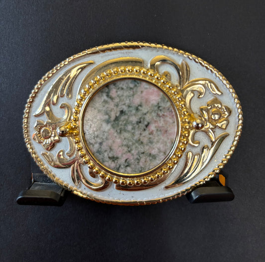 White and gold Pink Jade (Thulite) belt buckle