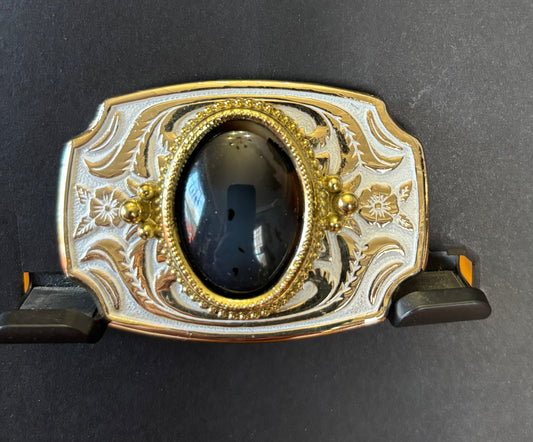 Small Women's dark blue colored Montana agate belt buckle in white/gold setting